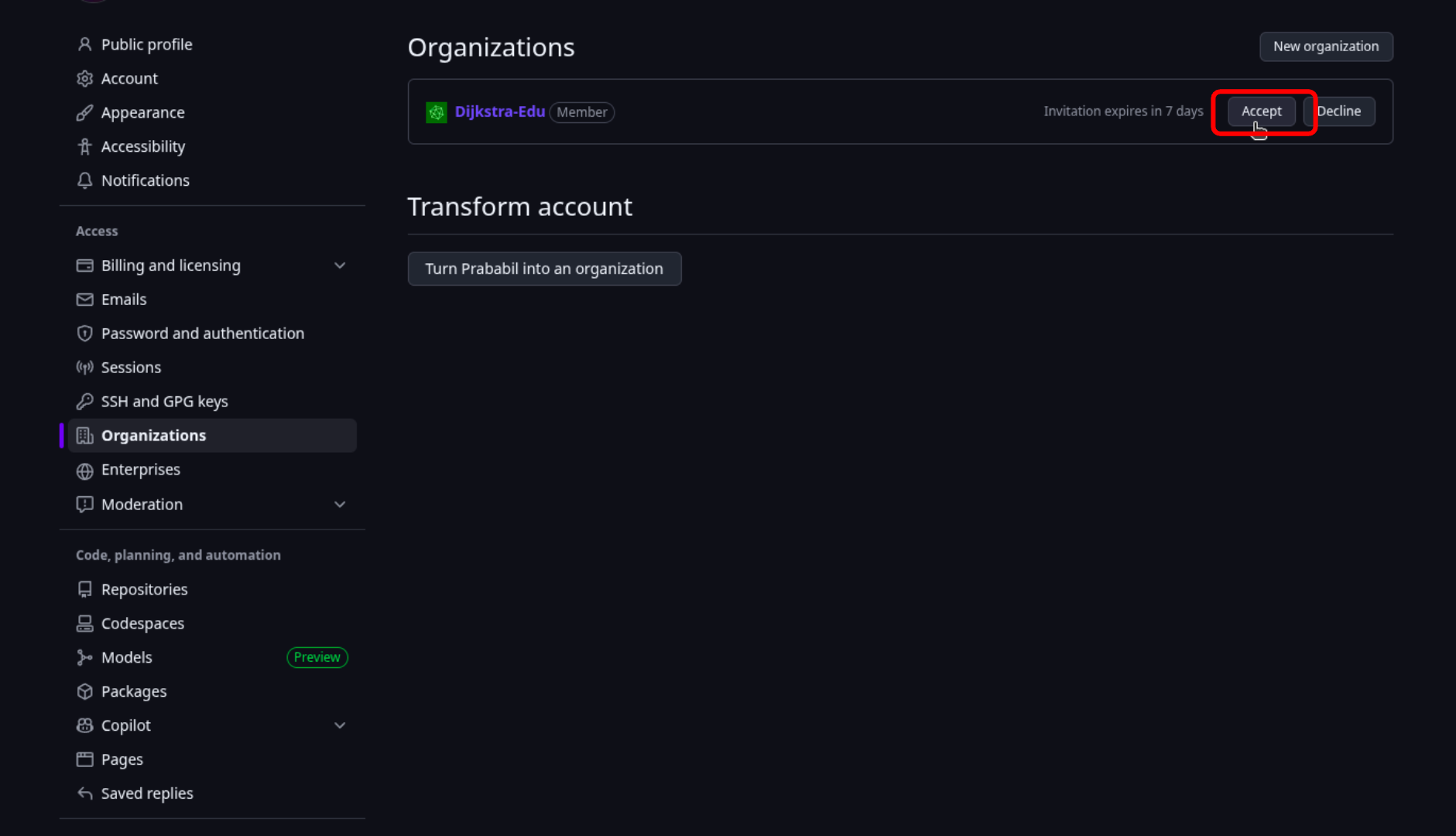 Accept button highlighted for Djikstra's invitation