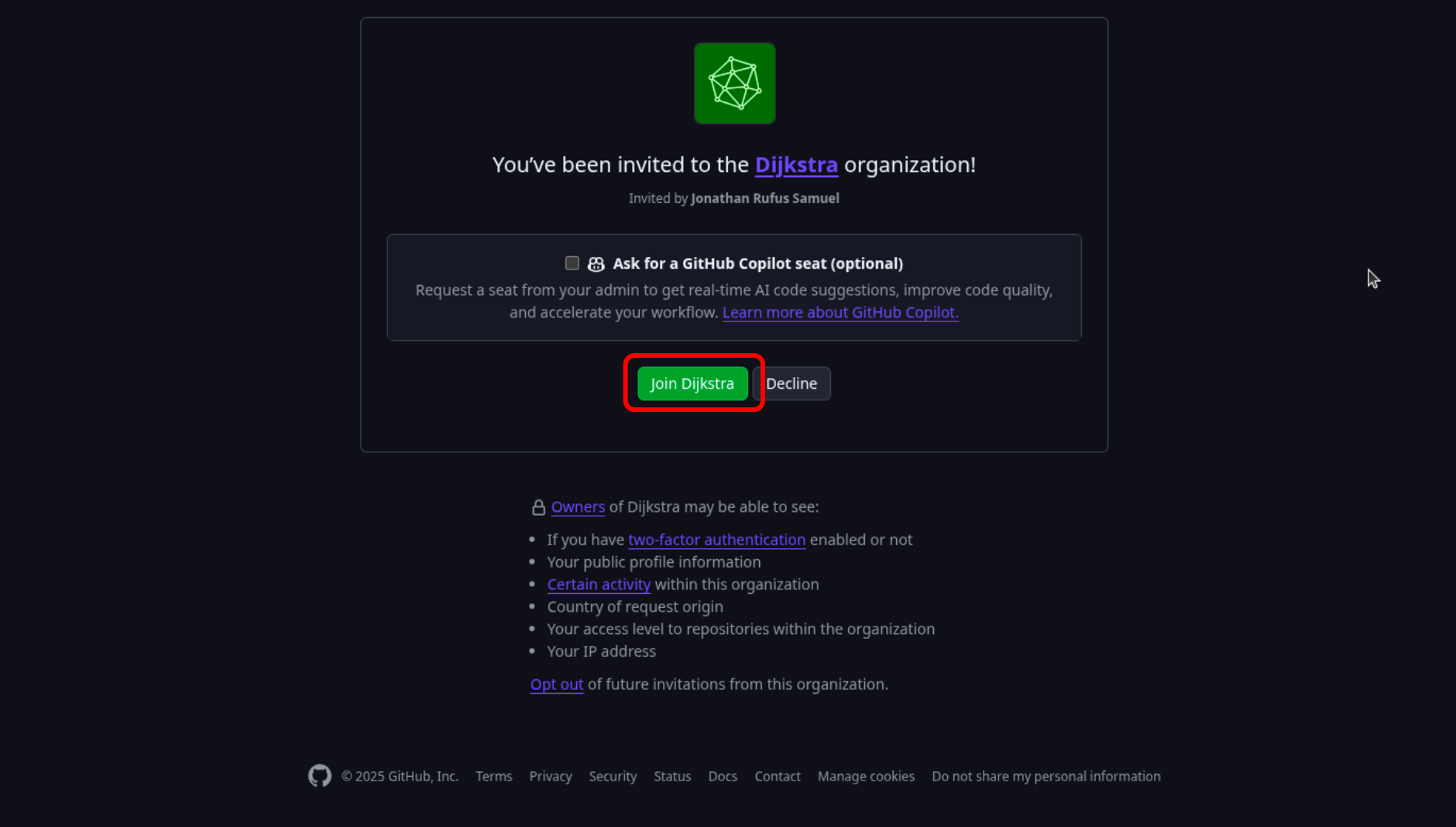 Join Djikstra button highlighted on the invitaion page
