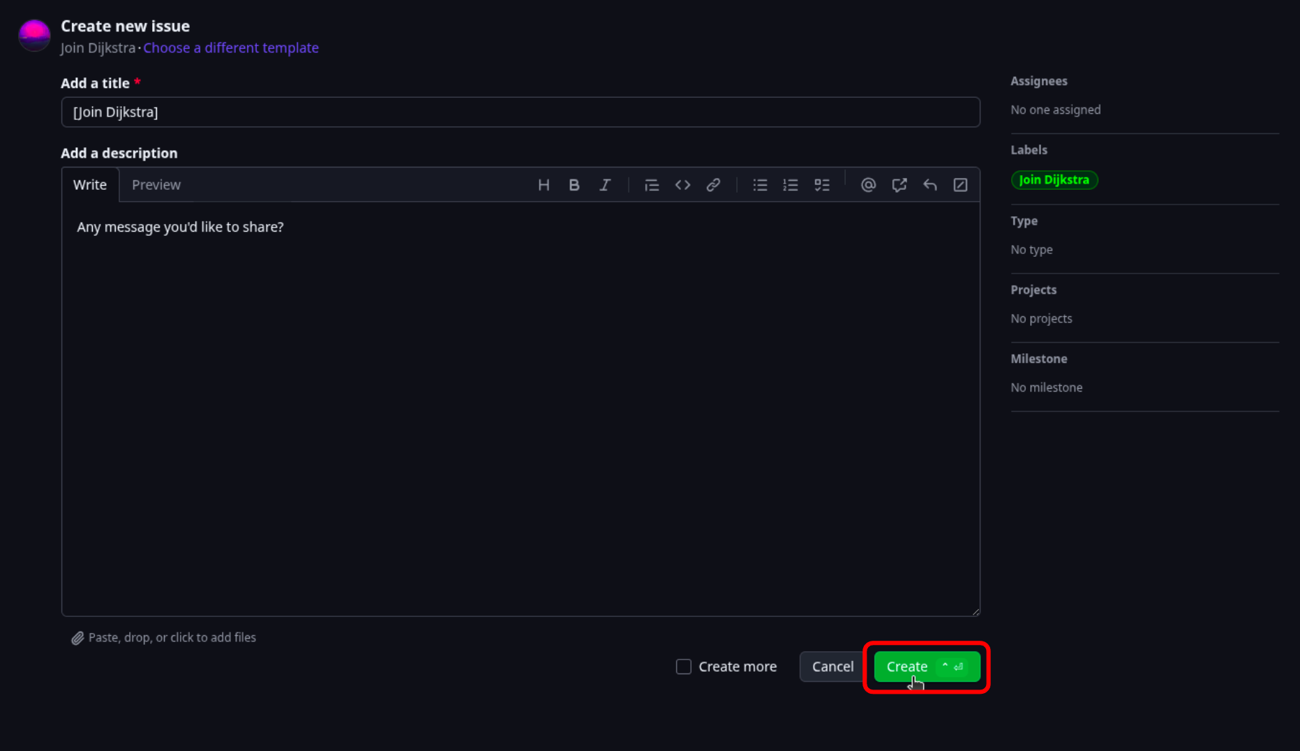 Github for creating an issue with the create button highlighted