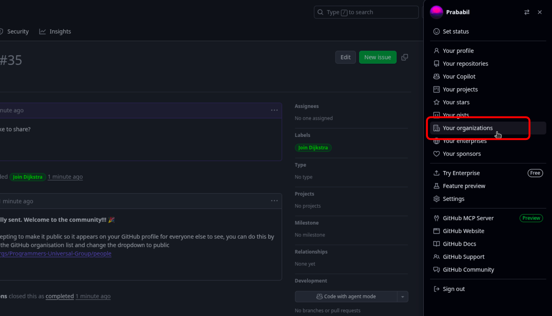 Organization option highlighted in GitHub sidebar