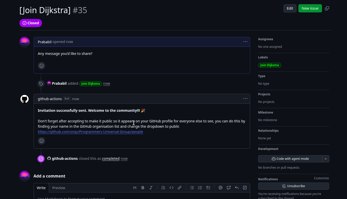 Bot reply to a join djikstra issue saying that an invitaion has been sent